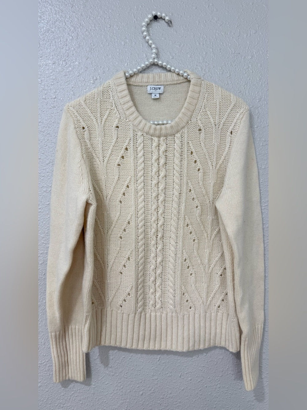 J.CREW Cream Beige Cable-Knit Pullover Lambswool Sweater Sz M